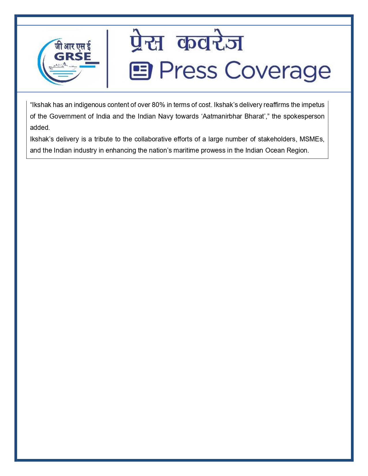 Press Coverage : 15 Aug 25:Navy takes delivery of Third Survey Vessel 'Ikshak' from GRSE